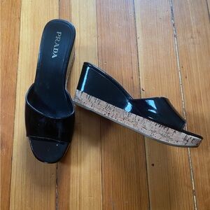 Y2K Prada Black patent leather Wedge Sandals 37